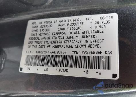2010 Honda Accord 2.4 Lx-P z USA, uszkodzony, nr VIN 1HGCP2F49AA196466